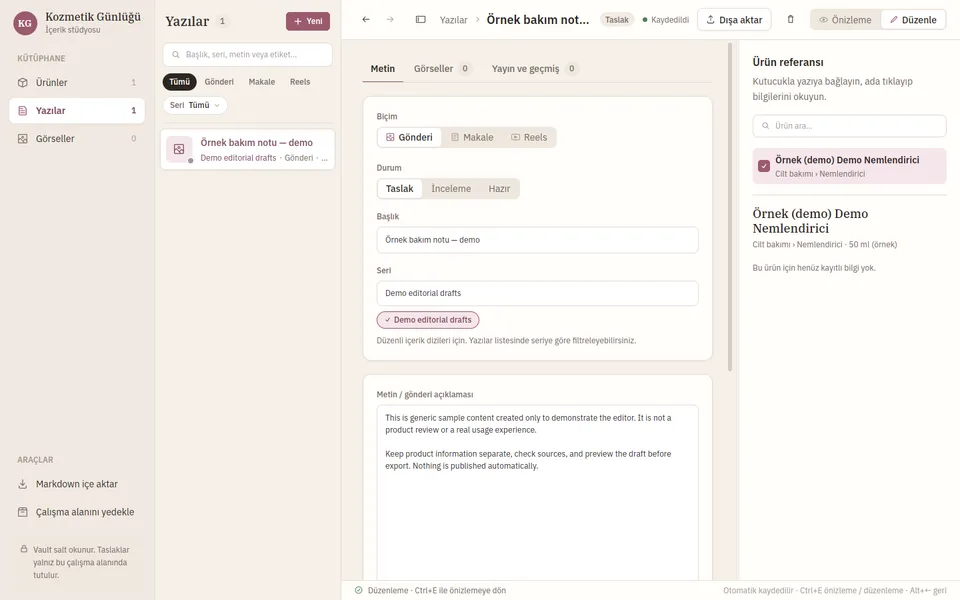 Kozmetik Stüdyo desktop editor with a demo draft and a linked sample product.