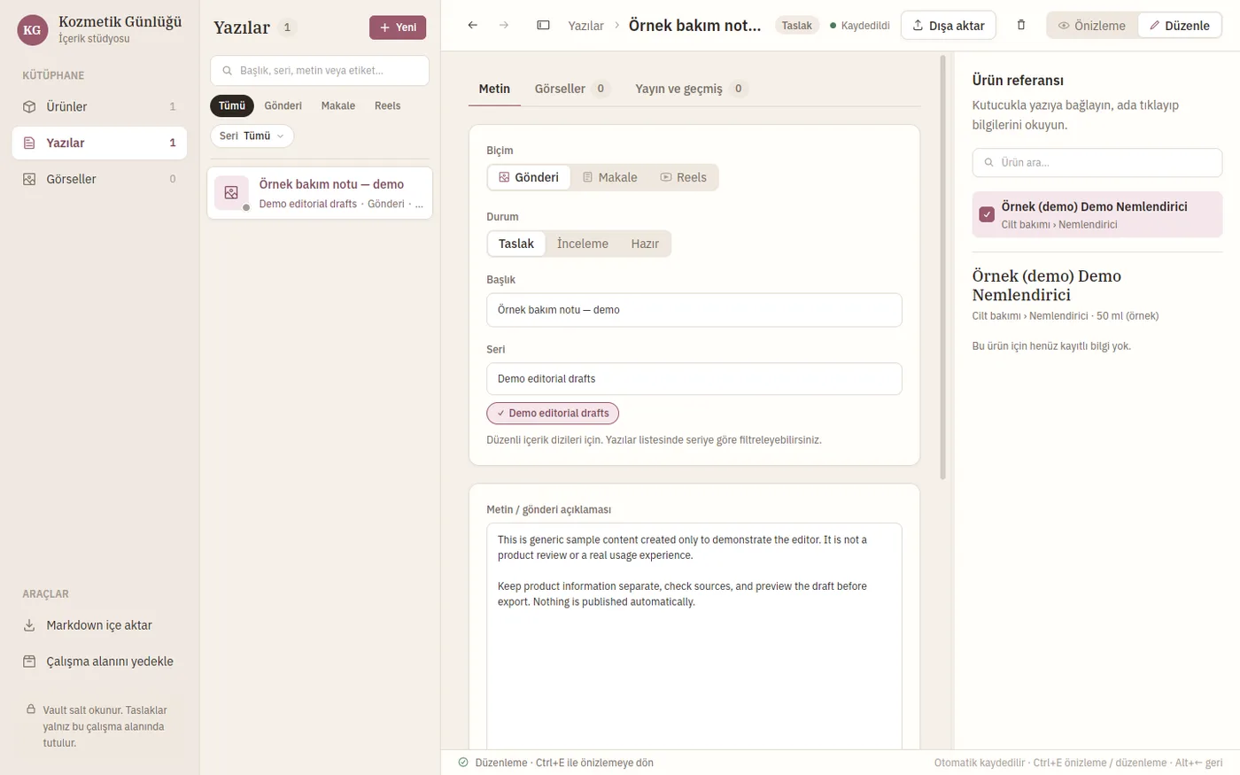 Kozmetik Stüdyo desktop editor showing a demo draft with a linked sample product in the reference panel