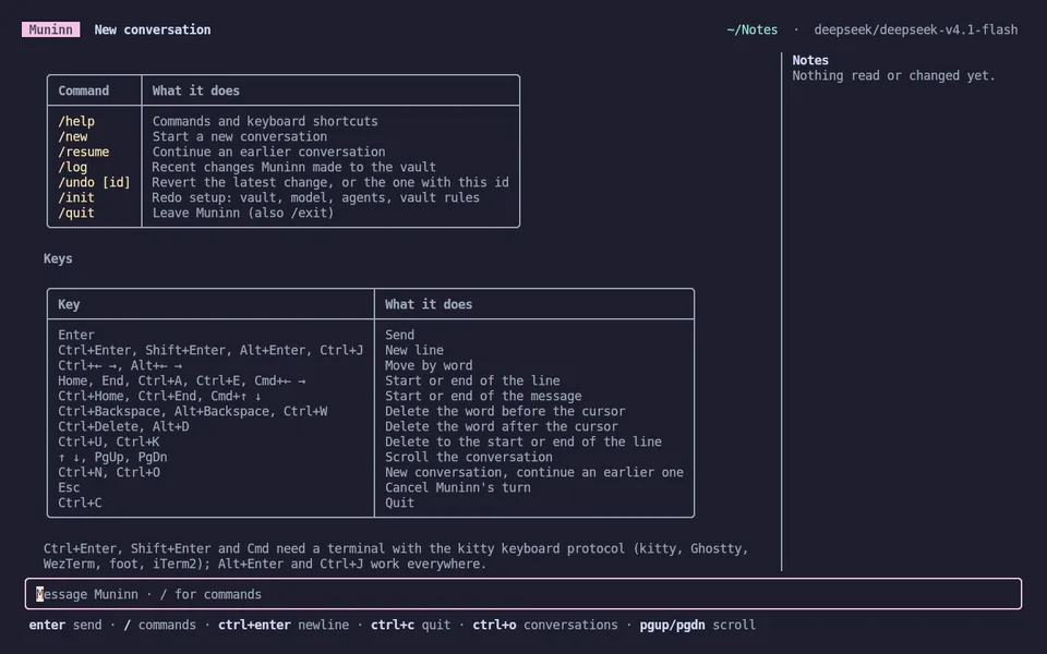 Muninn's terminal interface with its command list and keyboard shortcuts.