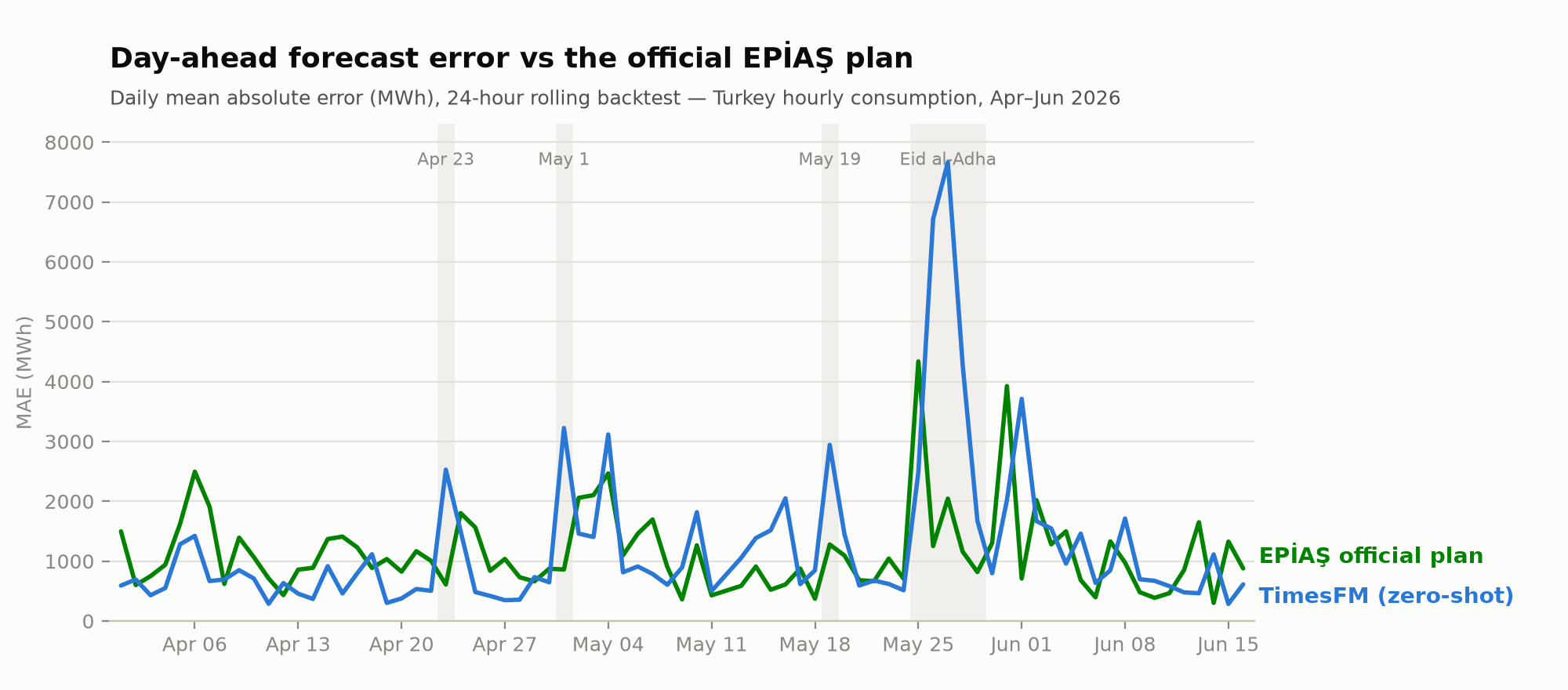 Daily mean absolute error across the rolling evaluation, with Turkish public-holiday periods highlighted